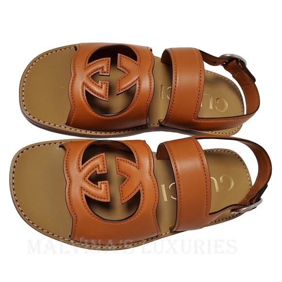 GUCCI SHOES MENS BROWN LEATHER CUTOUT INTERLOCKING G LOGO SANDALS sz 8 / 8.5 - Picture 6 of 16